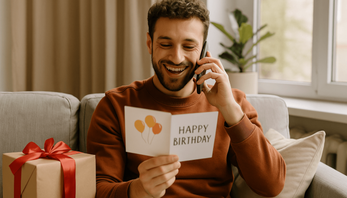 A person showing travel photos to a friend, representing the English Present Perfect tense in real life experiences.